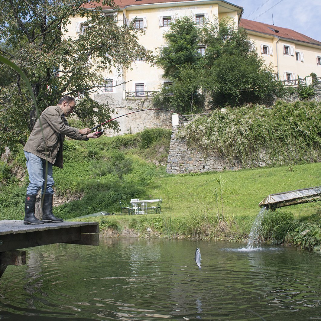 Angeln am idyllischen Teich Ein Mann fischt von einem Holzsteg in einen Teich, ein Fisch springt aus dem Wasser.
