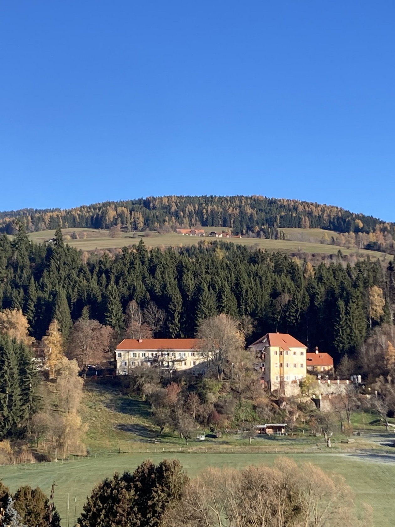 Herbstliche Berglandschaft mit Blick auf das Pichlschloss Berglandschaft mit mit Blick auf das Pichlschloss, umgeben von Bäumen und Herbstlaub unter klarem Himmel