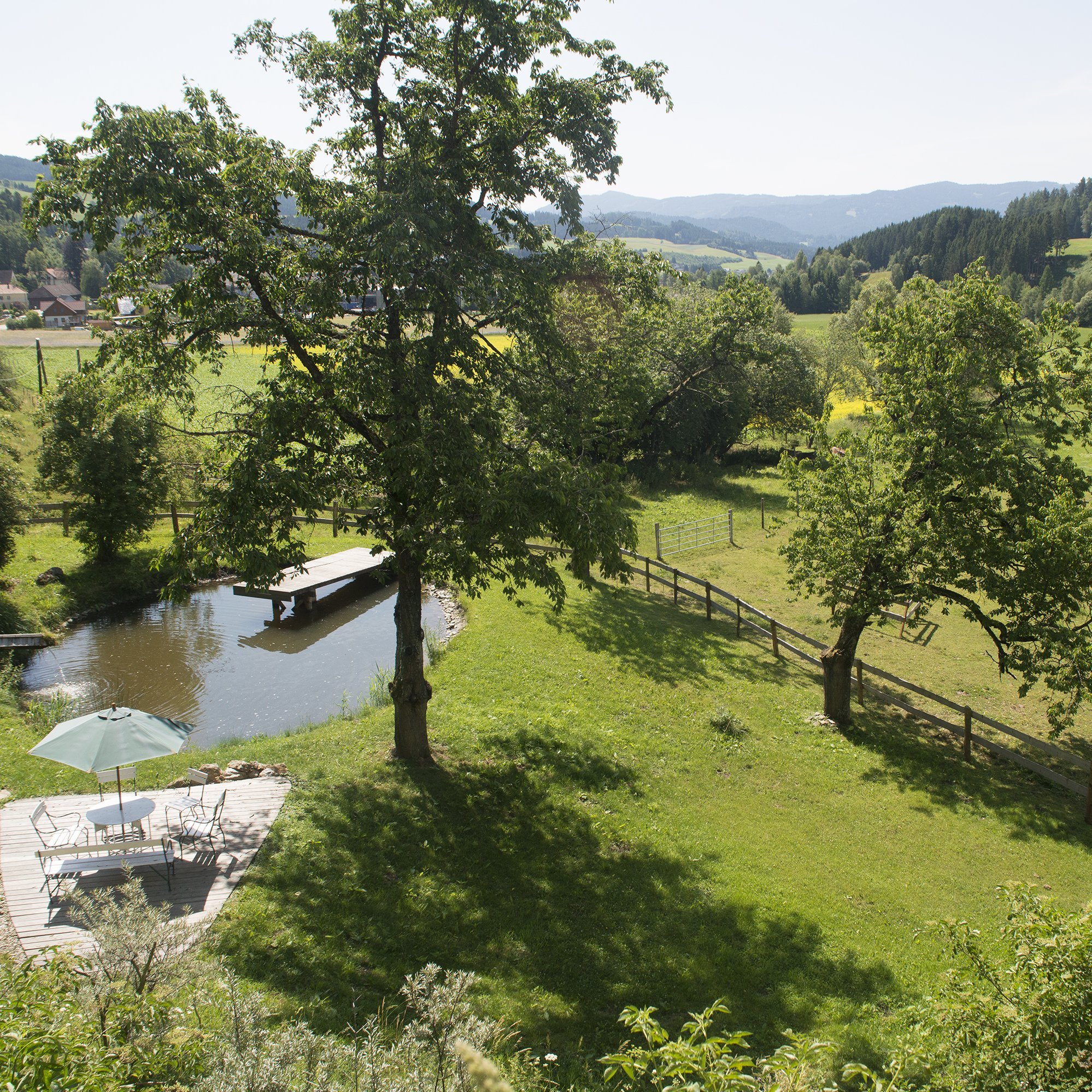 Landschaft mit Teich, Bäumen und sanften Hügeln im Hintergrund in einer idyllischen Umgebung
