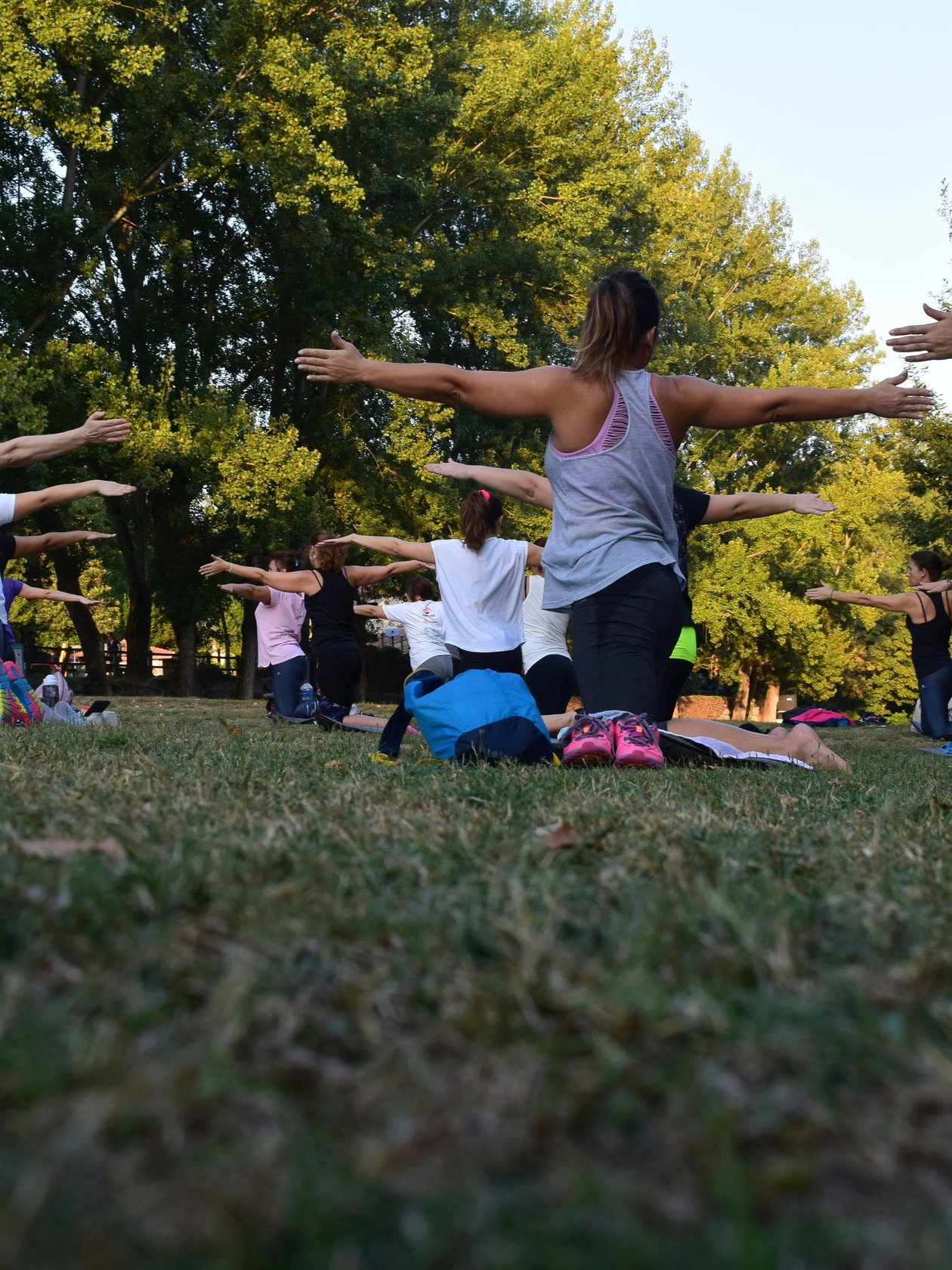 Yoga im Freien für Körper und Geist Gruppe von Personen in verschiedenen Yoga-Posen auf Matten im Freien während einer Fitnessklasse