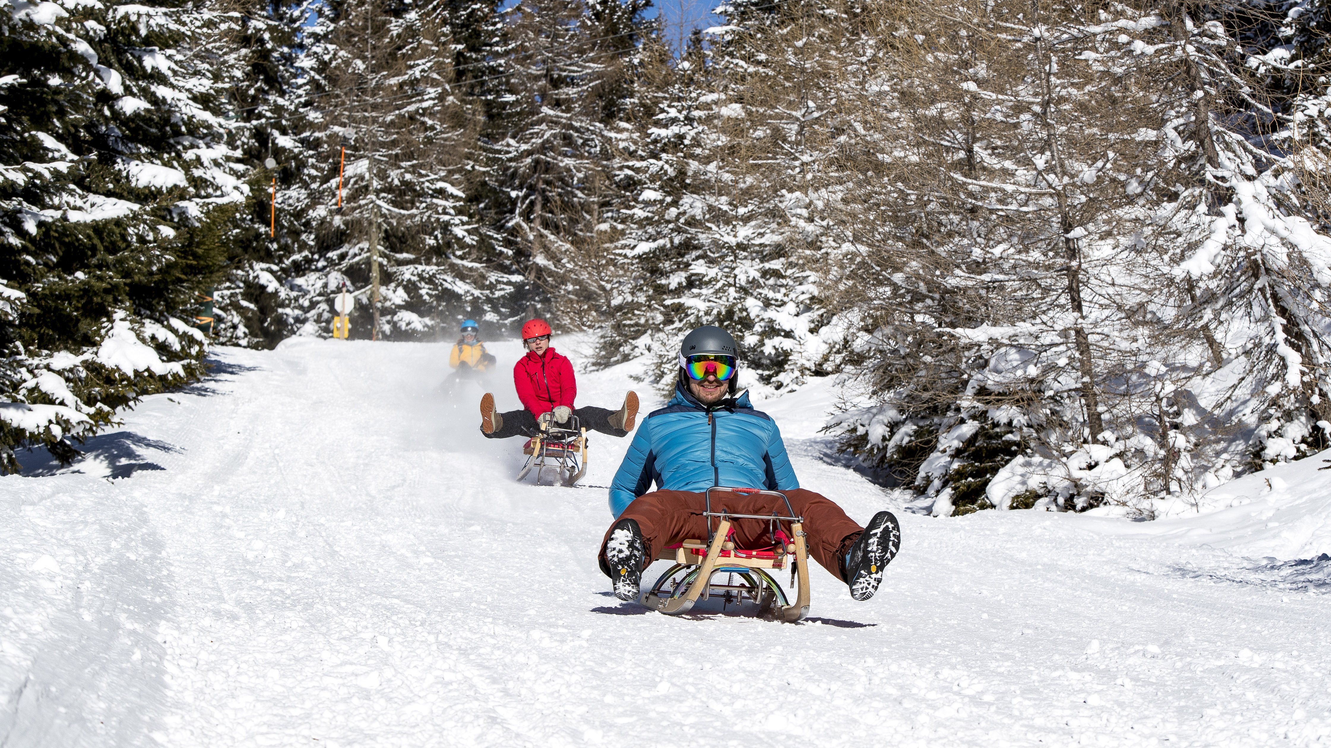Menschen rodeln auf einem verschneiten Weg zwischen Bäumen in einer winterlichen Landschaft