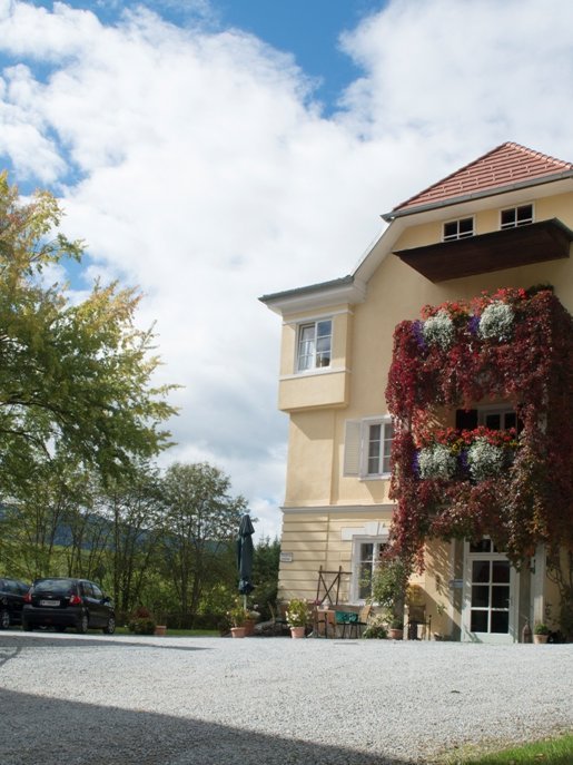 Zwei stöckiges Haus mit Kletterpflanzen und Kiesauffahrt umgeben von Gartenlandschaft