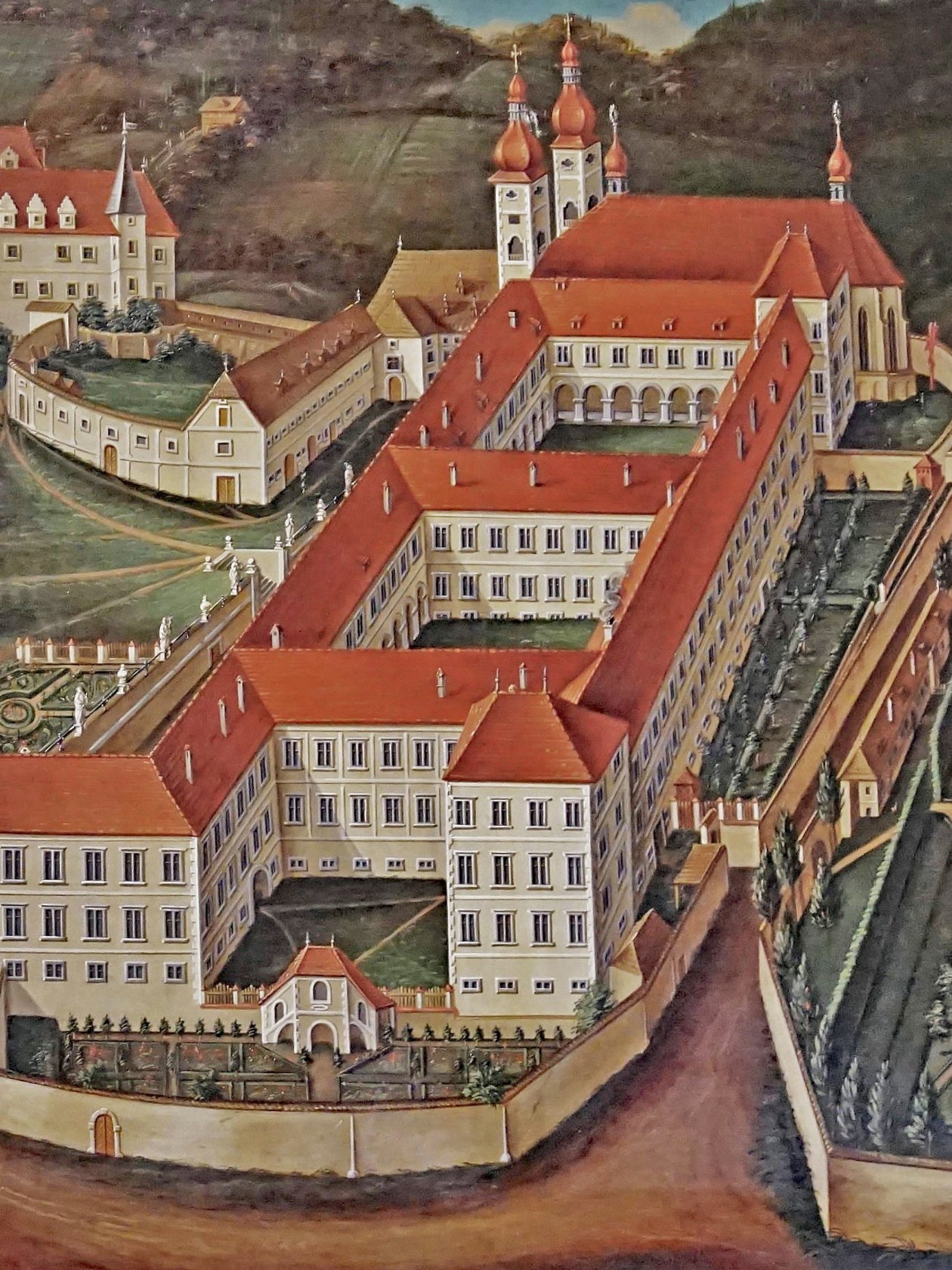 Historisches Kloster im Barockstil Monasterybauten mit Gärten und umgebender Landschaft im Barockstil, prächtige Architektur.