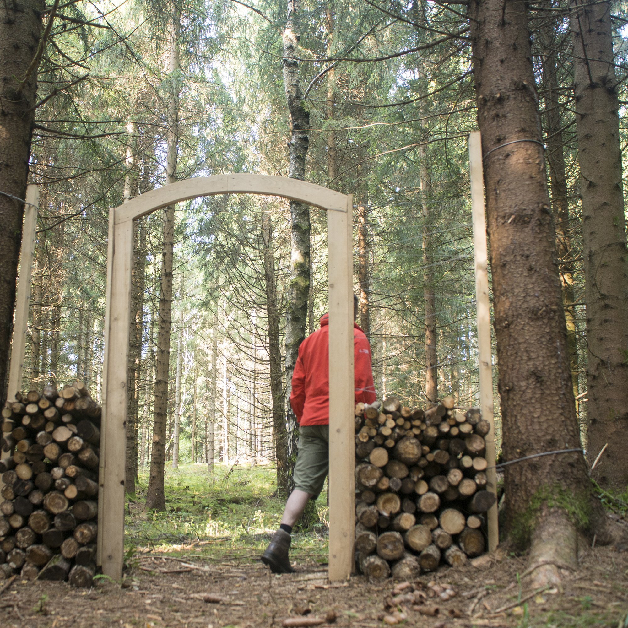 Holzbogen im Wald Person geht durch einen Holzbogen mit Holzstapeln in einem dichten Waldgebiet, umgeben von Natur.