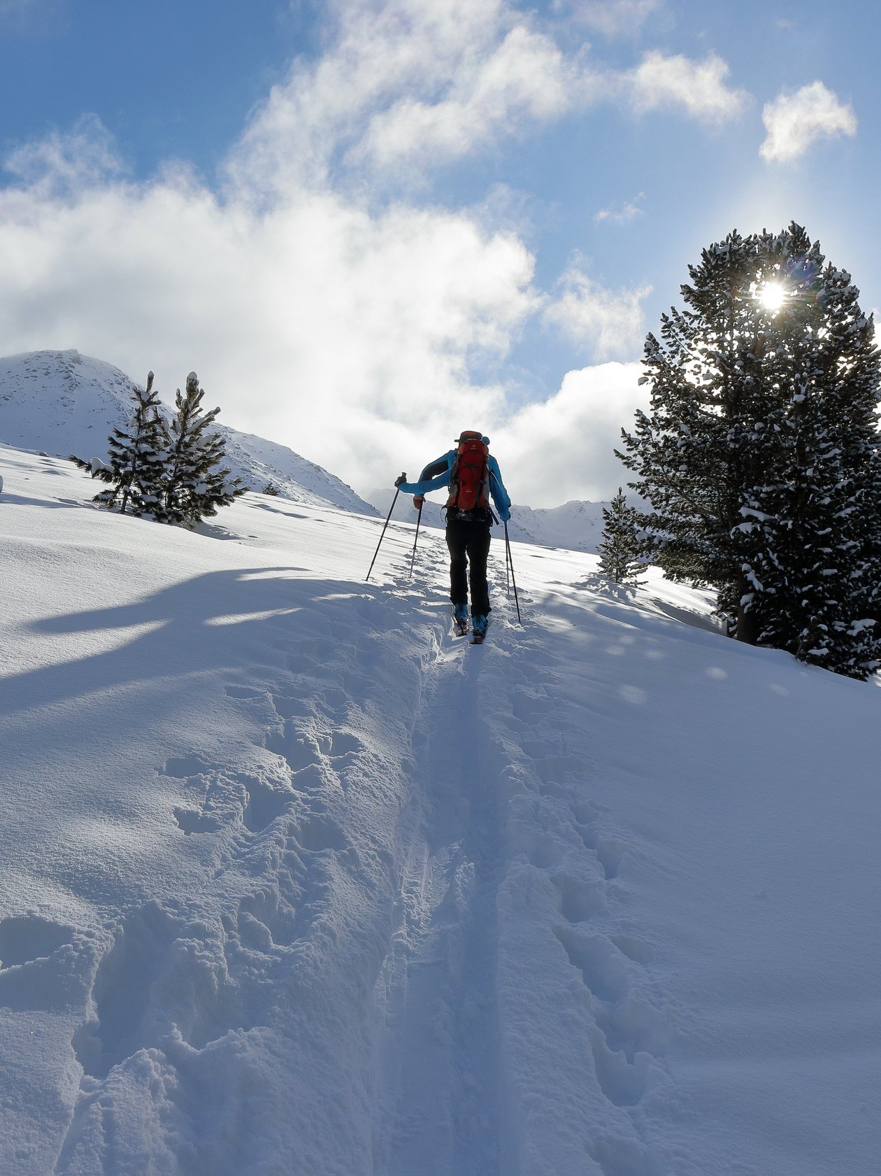 Winterabenteuer in den Bergen Eine Person fährt Ski auf einer schneebedeckten Piste in einer bergigen Landschaft unter einem teilweise bewölkten Himmel.