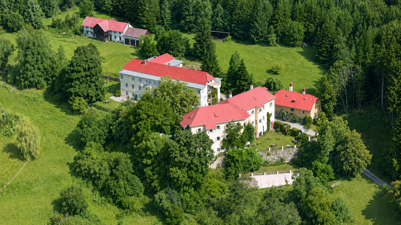 Aerial view of Pichlschloss, surrounded by green trees and scenic features.