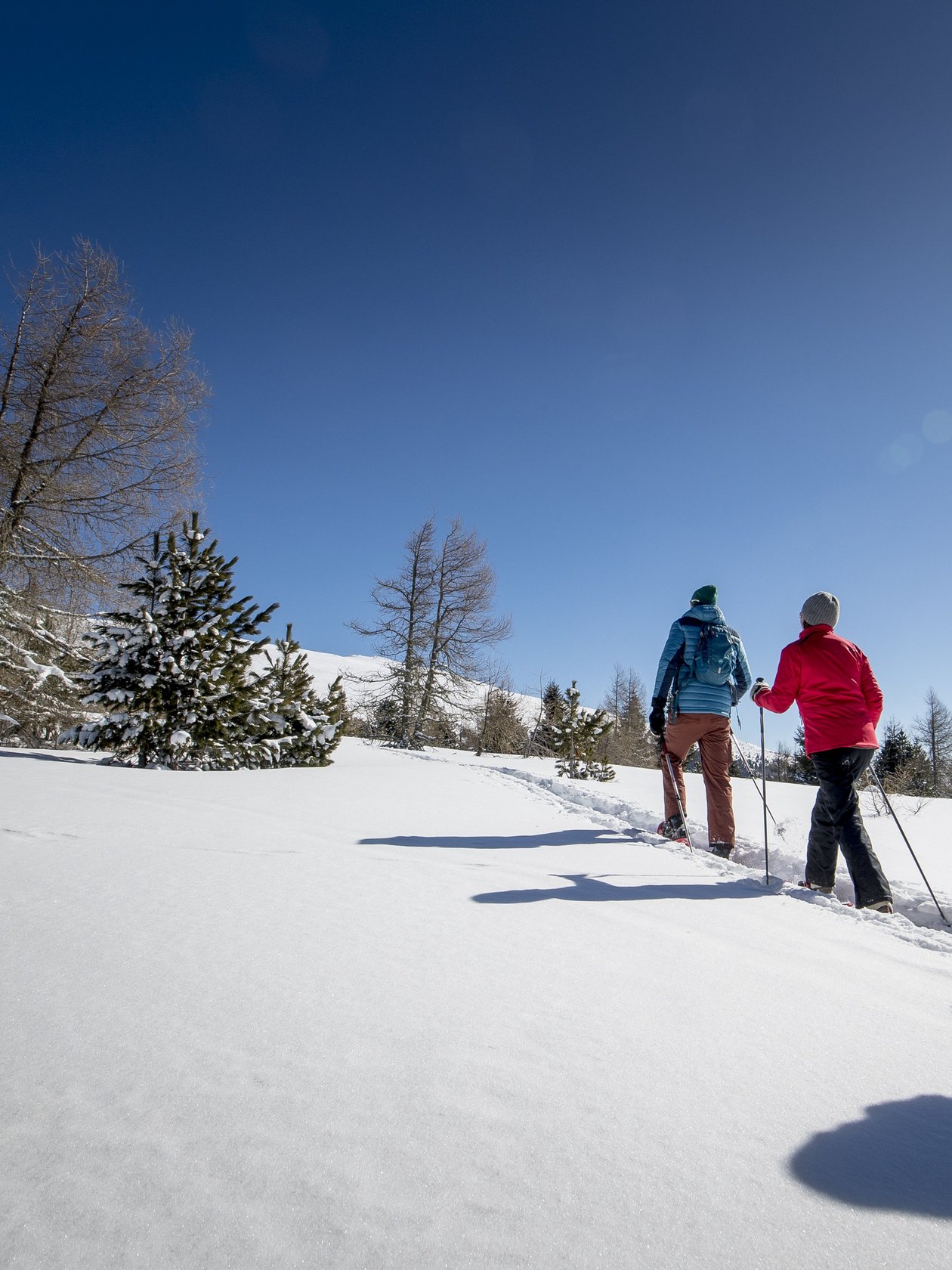 Schneeschuh-Abenteuer am Zirbitzkogel Drei Personen beim Schneeschuhwandern in einer verschneiten Landschaft unter blauem Himmel.