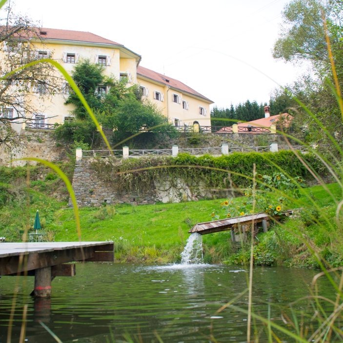 Hügelhaus umgeben von Grün und Wasserfläche mit Teich im Freien, ländliche Architektur