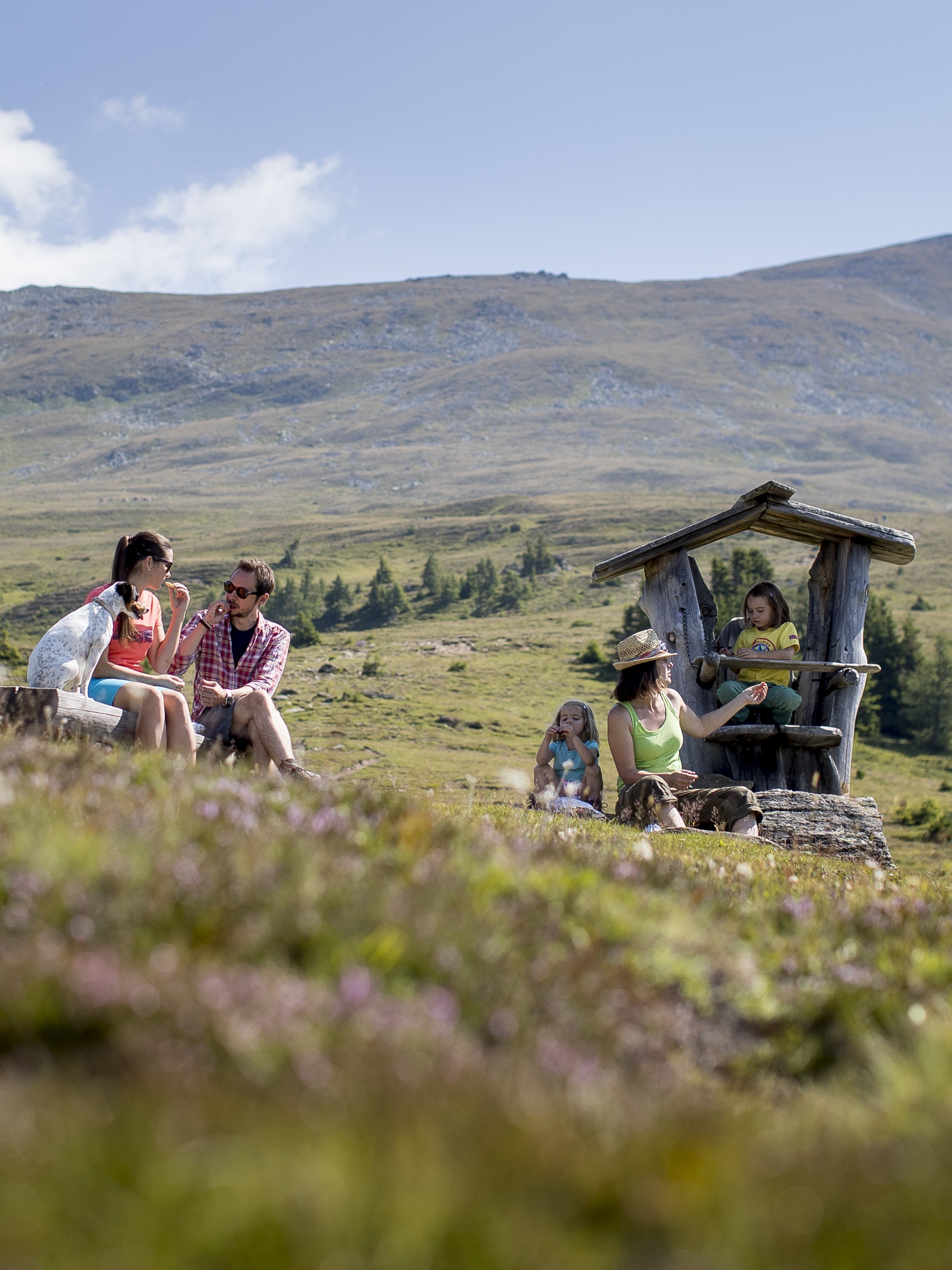 Familienpicknick in der Natur Gruppe von Menschen genießt ein Picknick in einer bergigen Umgebung mit viel Grün und blauem Himmel.