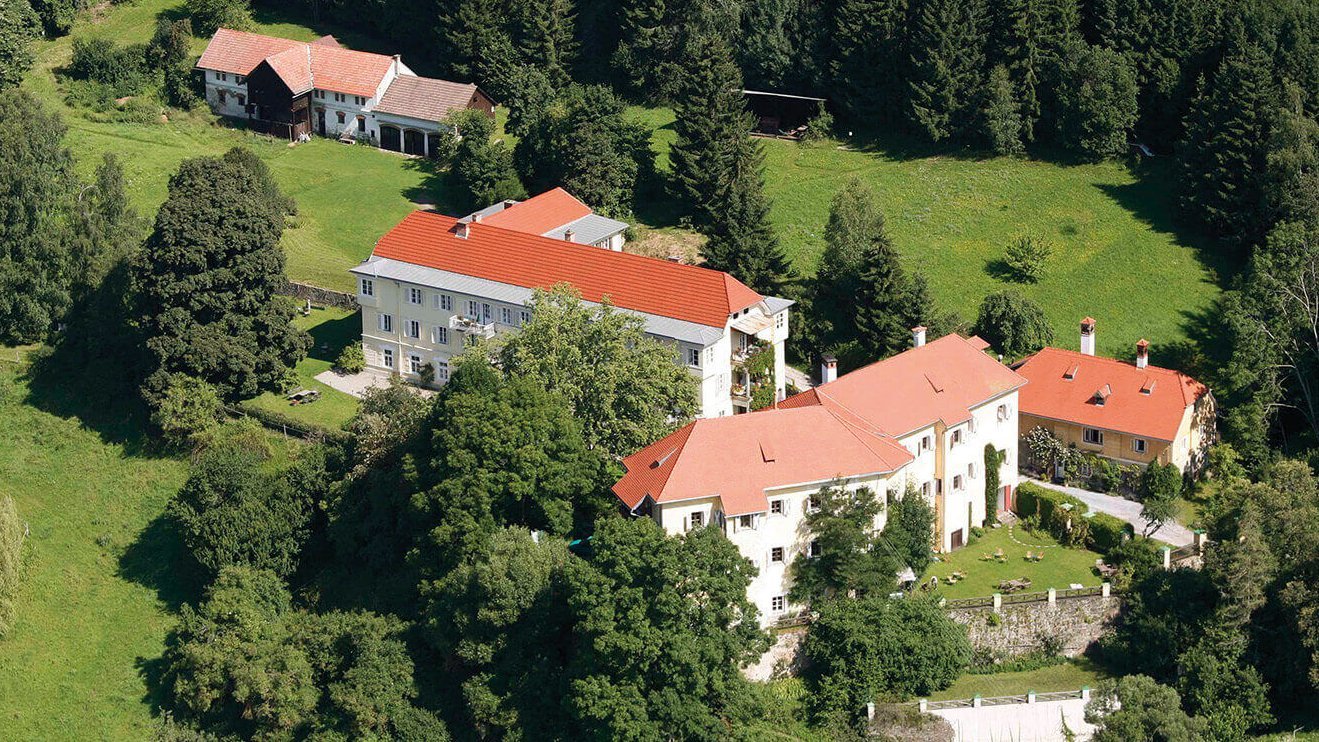 Aerial view of a large mansion surrounded by trees and greenery in a natural landscape